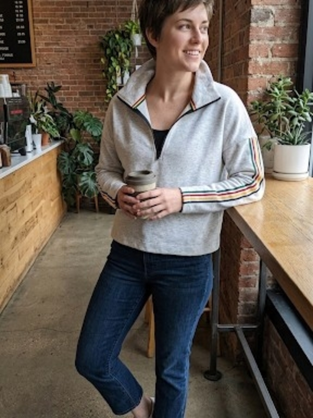HBC Light Gray Half-Zip Pullover /hoodie with Rainbow Stripe Sleeve Detail